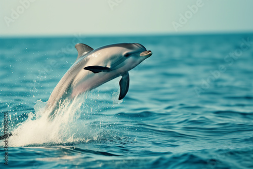 Capturing the elegance of a dolphin jumping out of the water in the ocean. one of jumping dolphins,beautiful seascape with deep ocean waters and cloudscape.