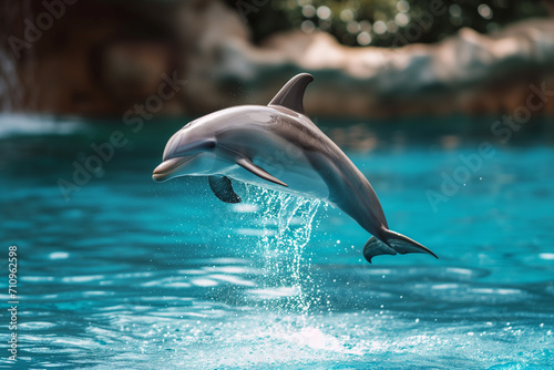 Capturing the elegance of a dolphin jumping out of the water in the ocean. one of jumping dolphins,beautiful seascape with deep ocean waters and cloudscape.