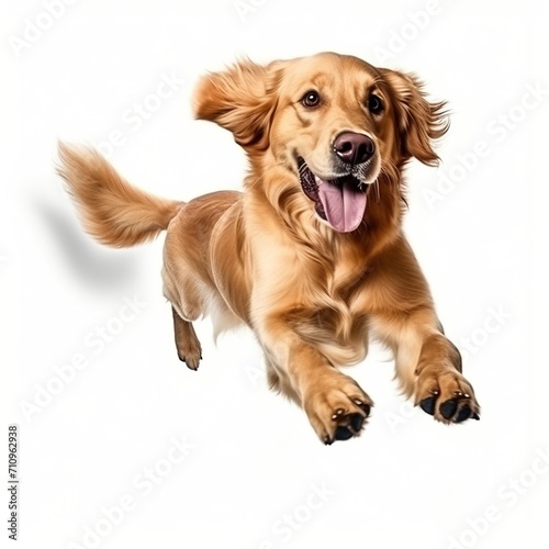 A Golden Retriever running happily with its tongue out