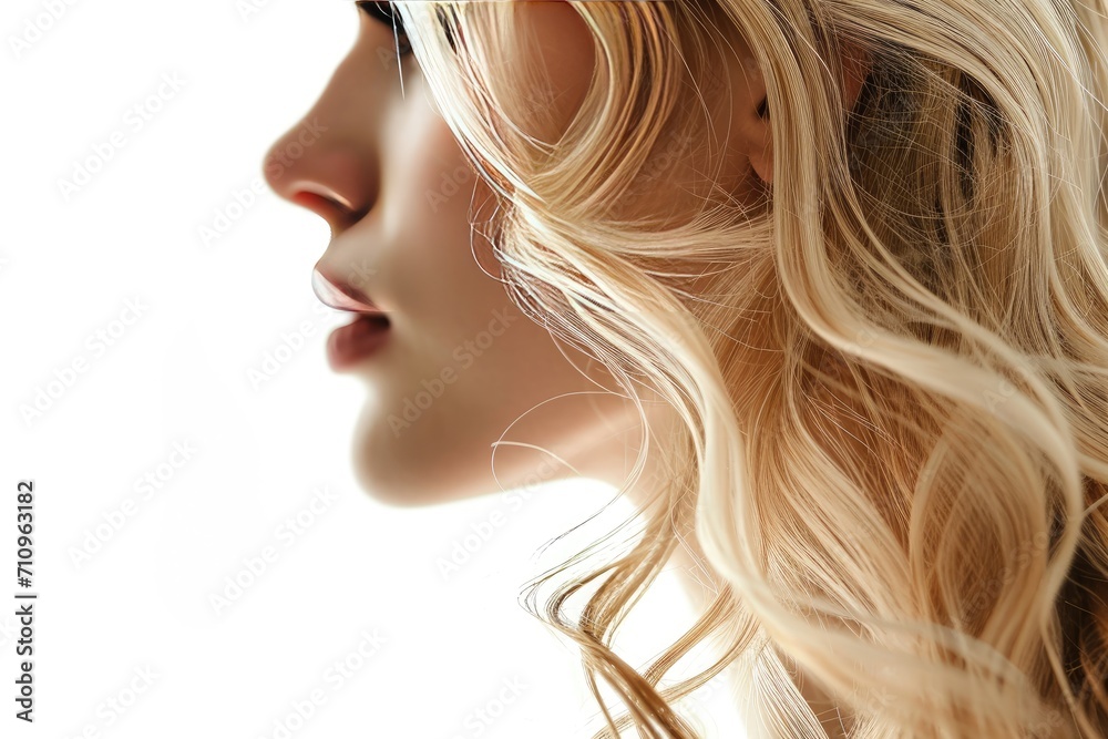 Woman profile with blonde hair on white background