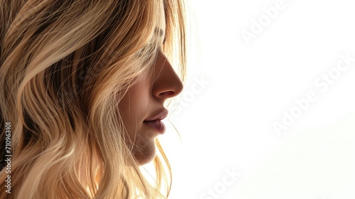 Woman profile with blonde hair on white background photo