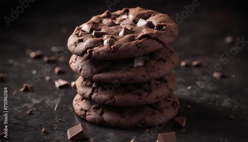 Elegant dark chocolate tower on dark brown background, chocolate chips around photo