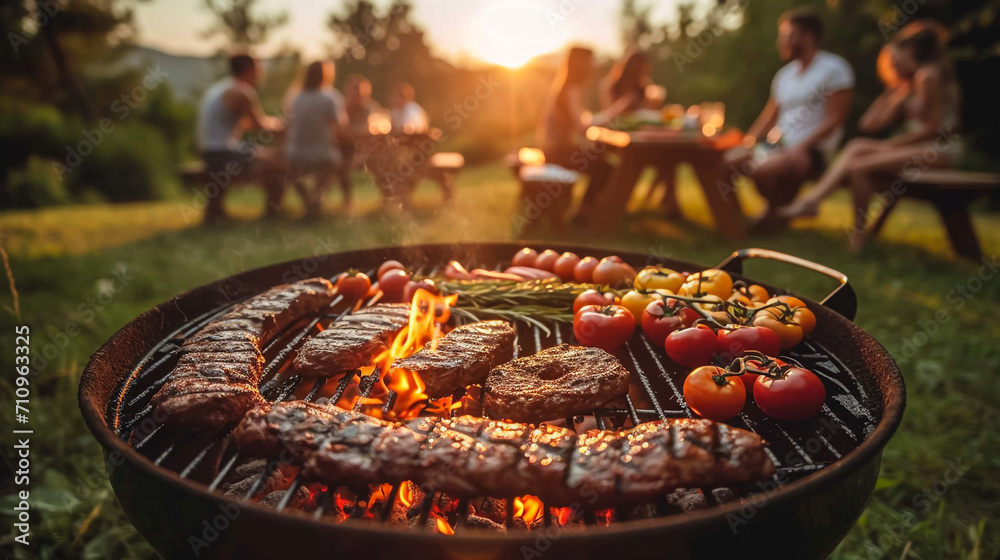 Spicy spare ribs, assorted veggies and chicken drumsticks grilling on a portable barbecue outdoors in a spring meadow with dandelions in a panorama format