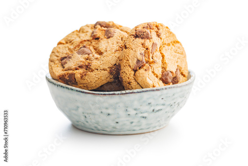 Sweet chocolate cookies in bowl isolated on white background.