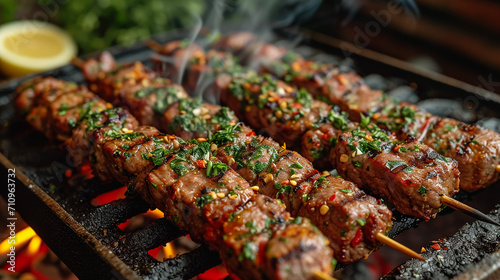 Assorted delicious grilled meat and bratwurst with vegetables over the coals on a barbecue photo
