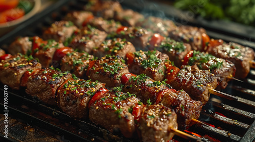 Assorted delicious grilled meat and bratwurst with vegetables over the coals on a barbecue