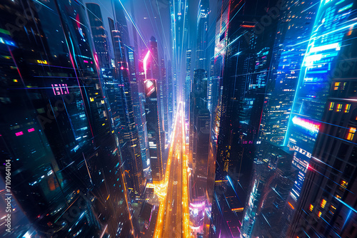 futuristic cityscape, bathed in the glow of neon lights