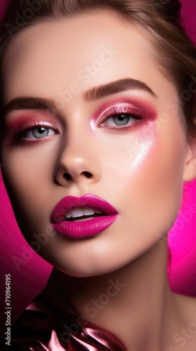 Beautiful woman with pink makeup. Young model girl. Fashion and beauty concept.