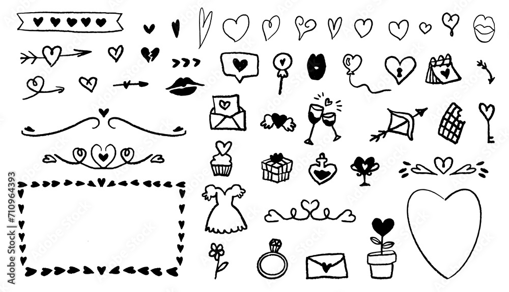 Vector Valentine's Day Doodles Set - Hearts, Arrows, Sweets, Love Letters, and more. Express love with this charming doodle collection. Perfect for romantic designs.  handraw sketches, Scribbles ink - obrazy, fototapety, plakaty 