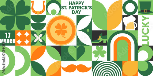 Happy St. Patrick's Day geometric seamless pattern. Modern vector background with clover leaves, shamrock, gold coins, leprechaun hat, beer, rainbow and simple forms.Neo geo art. Swiss style. 