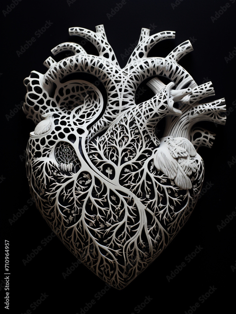 Obraz premium A human heart made of intricate lace-like patterns, in the style of paper cut art created with Generative Ai
