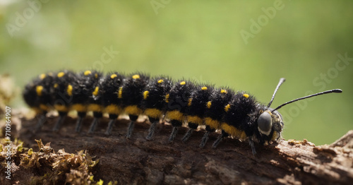 A macro shot of the Colotois pennaria, or feathered thorn moth caterpillar, in its natural forest environment. © Issah