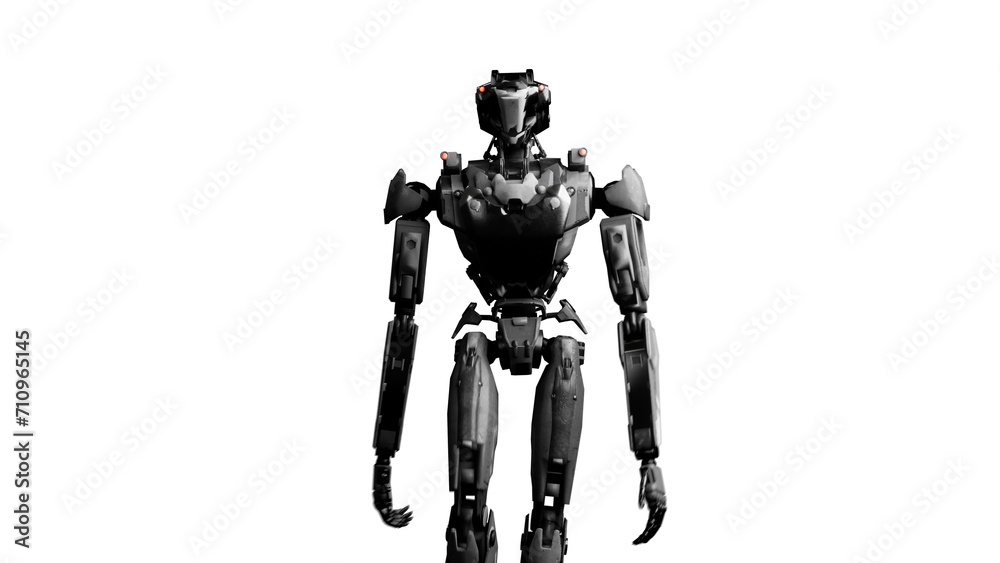 3d rendering of walking robotics army, industrial group of cyborg machines on white and green screen studio background.