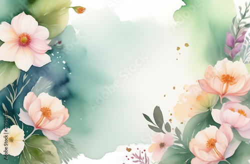 Watercolor flowers, in the middle blank space for text, banner, spring greeting card concept