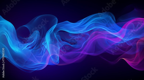 A dark background is the background for the design elements of smoke and puff clouds that are multicolored in neon blue, blue, and purple.