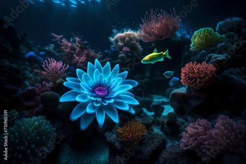 a blue flower against coral reef