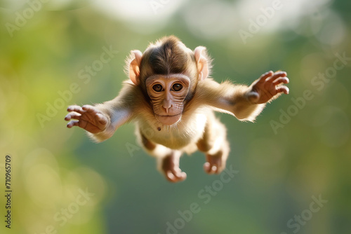 Single Monkey or Macaca jumping in a flying position. It leaping floats in the air with shock. a monkey was jumping from tree to tree. Common squirrel monkey jumping photo