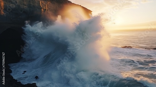 A darkening coastline cliff is the scene of a nature wave crashing.