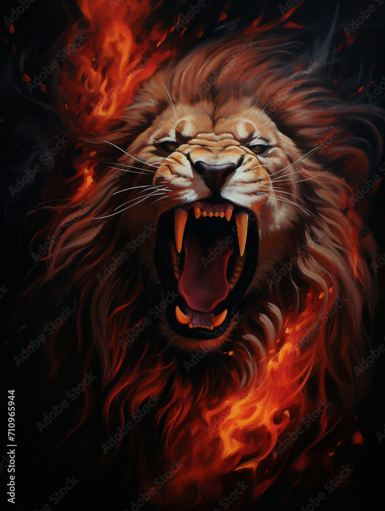 An image of a lion roaring, its mane made up of flames, in the style of symbolic realism created with Generative Ai