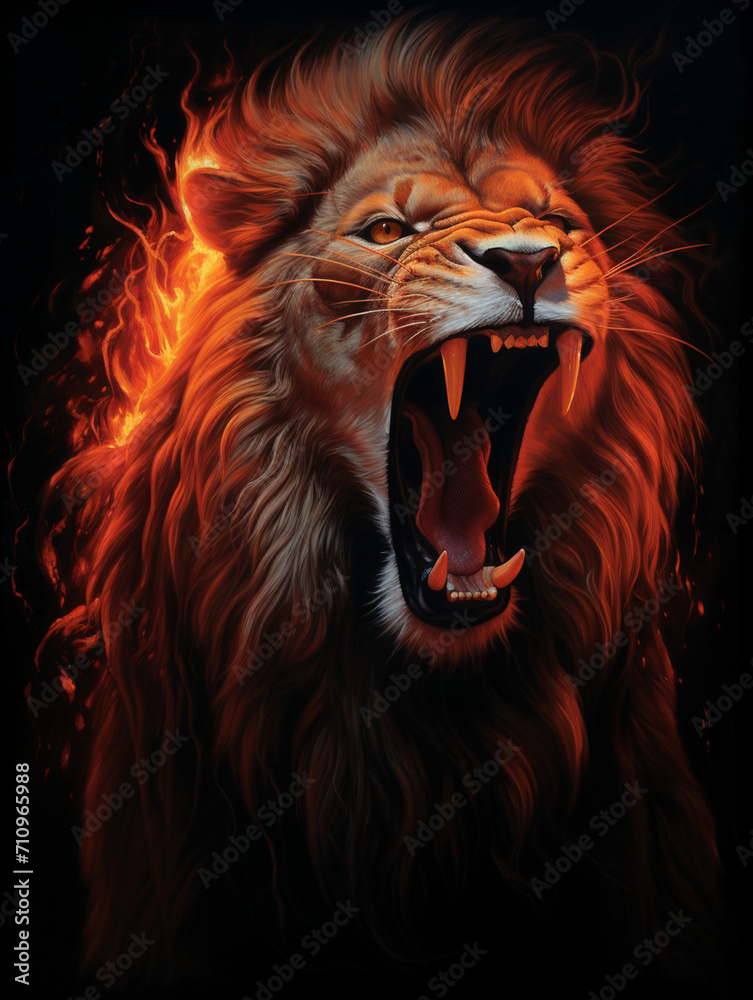 Naklejka premium An image of a lion roaring, its mane made up of flames, in the style of symbolic realism created with Generative Ai