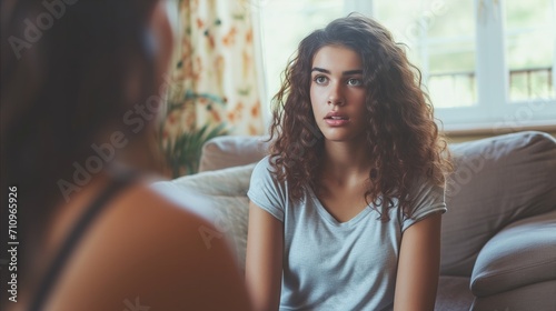 Woman Sitting on Couch Looking at Another Woman