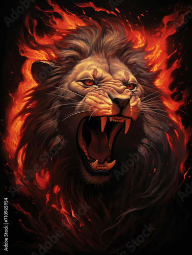 An image of a lion roaring  its mane made up of flames  in the style of symbolic realism created with Generative Ai