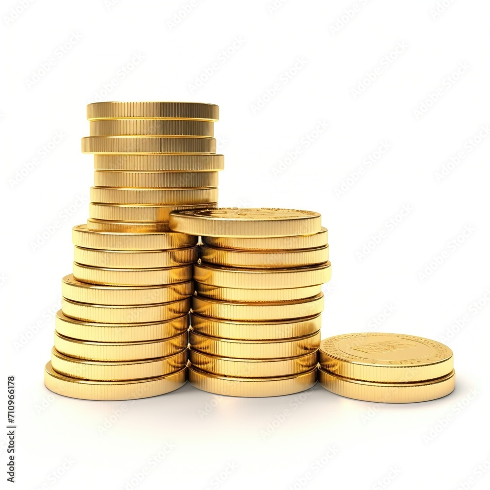 Stacks of gold coins of different heights on a white background Stacks of gold coins of different heights on a white background