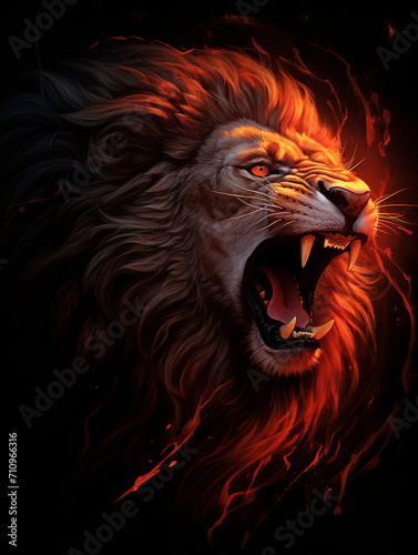 An image of a lion roaring, its mane made up of flames, in the style of symbolic realism created with Generative Ai © Andrii Yablonskyi