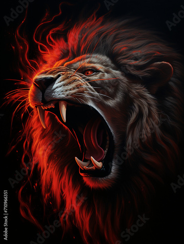An image of a lion roaring  its mane made up of flames  in the style of symbolic realism created with Generative Ai