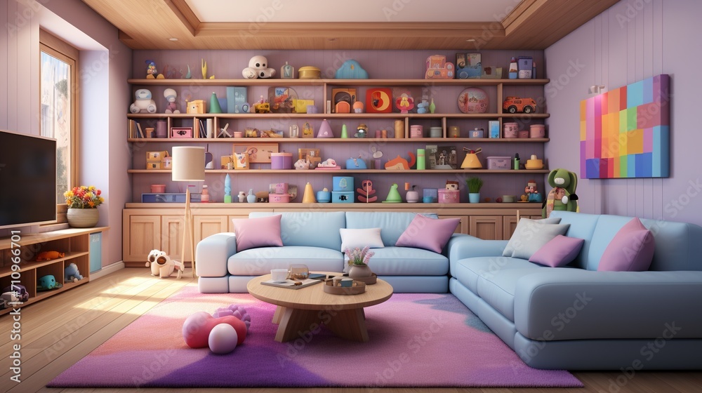 A cozy living room with a large colorful bookshelf and a blue couch