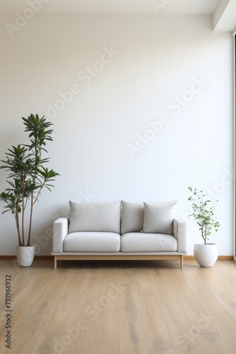 Bright living room interior with sofa and plants