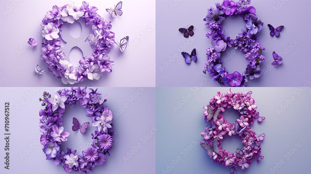 A wreath of purple flowers and butterflies, composed in the form of the number eight, in the style of pastel colors, for Women's Day