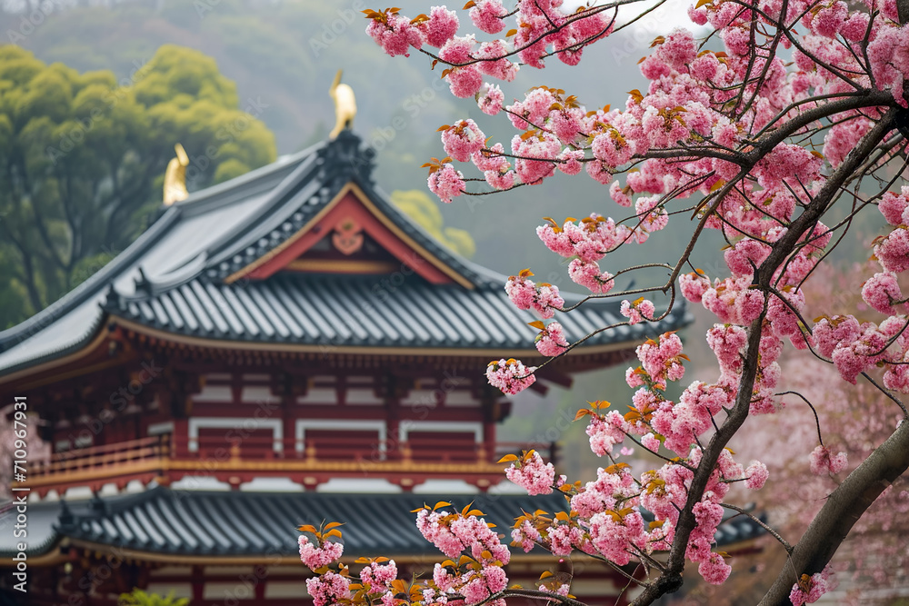 Japanese temple with a cherry blossom tree in the foreground Japanese temple with a cherry blossom tree in the foreground