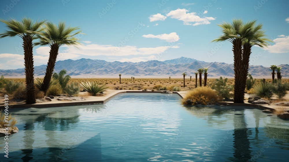 A modern desert oasis with a sleek infinity pool, surrounded by palm trees and the vast expanse of the arid landscape -Generative Ai
