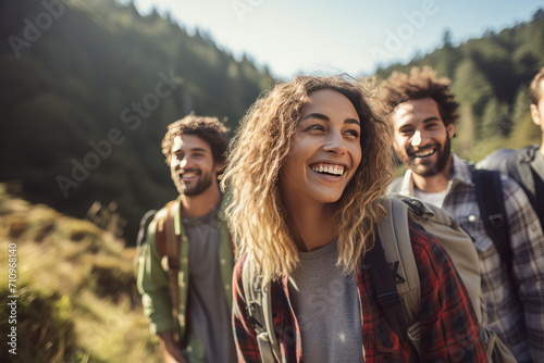 A diverse group of friends hiking in a scenery outdoors