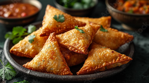 Fried samosas with vegetable filling  popular Indian snacks on wooden board