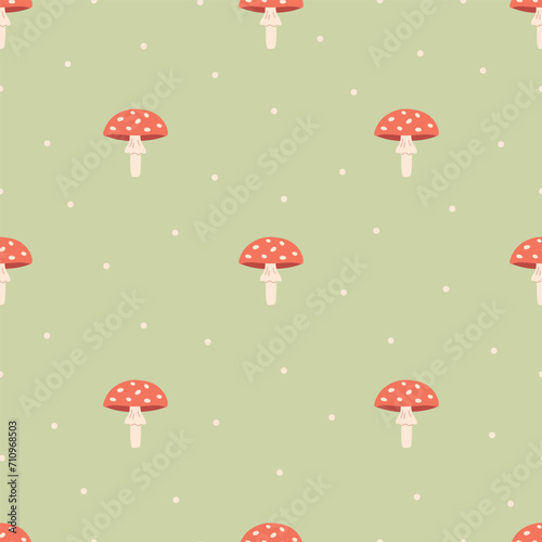 Seamless pattern with toadstool. Design for fabric, textile, wrapping paper. Vector illustration in flat style
