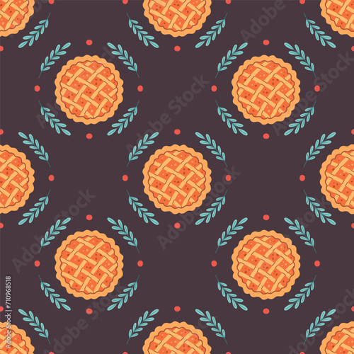 Pumpkin pie seamless pattern. Baking, pastry. Hello autumn, Thanksgiving Day. World Pie Day. Vector illustration in flat style