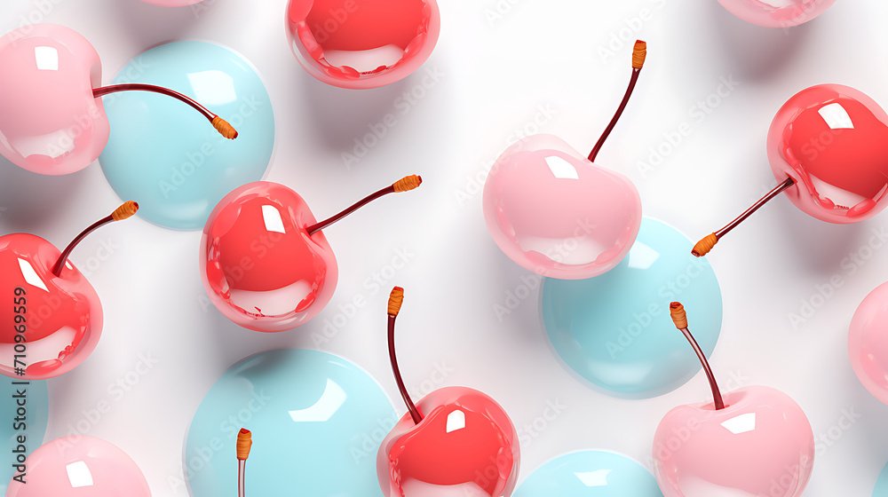 3D cherries in red and blue hues, scattered artistically against a white background - obrazy, fototapety, plakaty 
