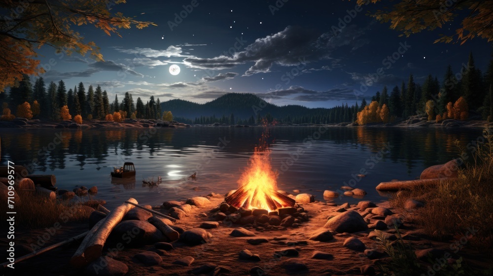 Tranquil autumn night by lake with campfire. Outdoor leisure and adventure. - obrazy, fototapety, plakaty 