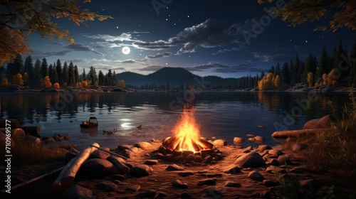 Tranquil autumn night by lake with campfire. Outdoor leisure and adventure.