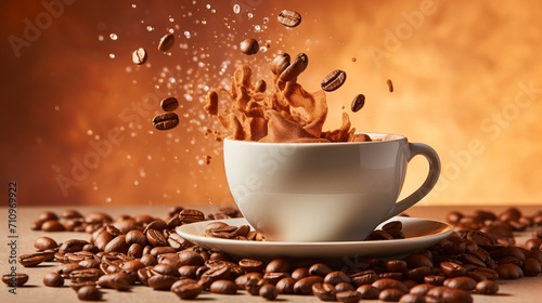White coffee cup with splashes, coffee beans, and copy space on beige gradient background