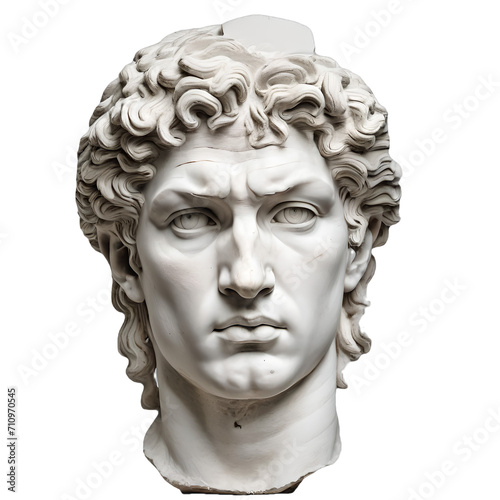 Plaster statue of David's head. Plaster copy of Michelangelo's statue of David isolated. Ancient Greek sculpture on white or transparent background Generative AI