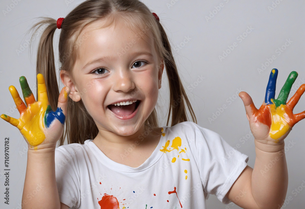 Cheerful young girl giggles while creating art, her hands covered in colorful paint Cheerful young girl giggles while creating art, her hands covered in colorful paint