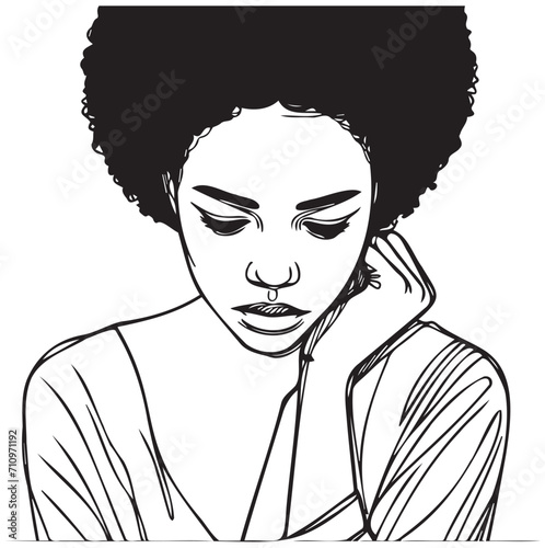 Sad womans sitting one line illustration. Sketch