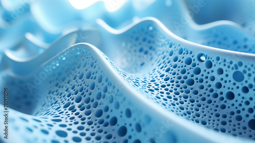 Abstract blue wavy structure with foam bubbles, resembling a liquid or gel surface with a macro texture. photo