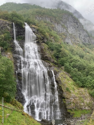 Brekkefossen waterfall in the mountains of Aurlandsfjord near Flåm, Aurland, Norway, August 2019