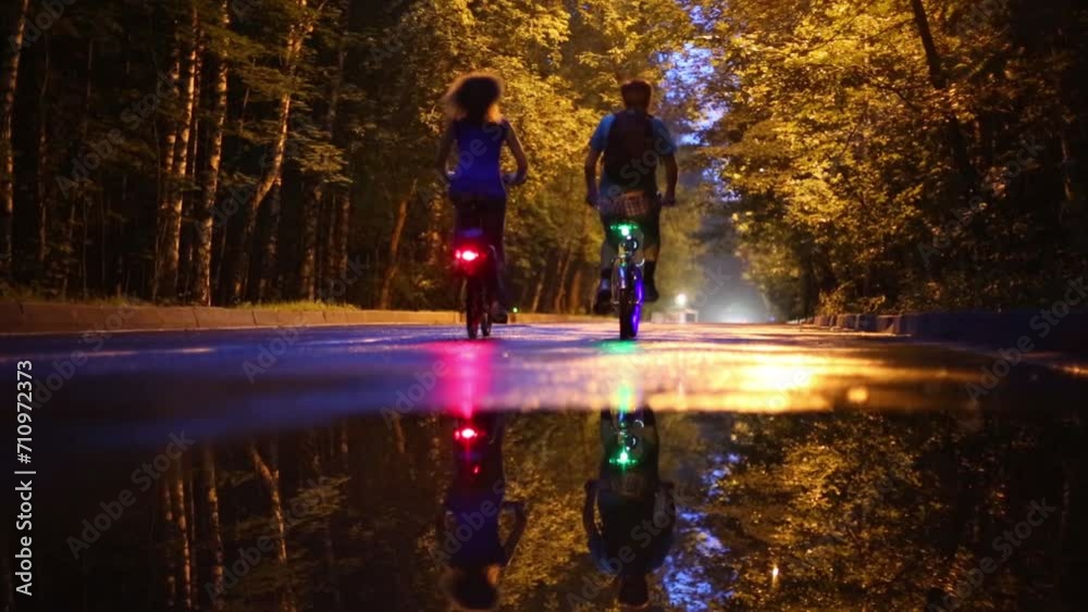 Back of couple riding bicycle with lights in park at summer Back of couple riding bicycle with lights in park at summer