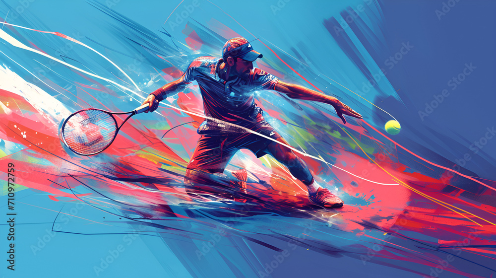 Tennis player with a focus on a dynamic stride, vibrant colors, abstract background