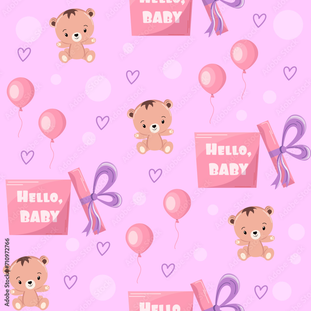 Vector children's delicate seamless pattern with bears, balloons, gift boxes on a pink background with hearts. Ideal for baby prints, textiles, nursery design, wrapping paper, scrapbooking. Vector children's delicate seamless pattern with bears, balloons, gift boxes on a pink background with hearts. Ideal for baby prints, textiles, nursery design, wrapping paper, scrapbooking.